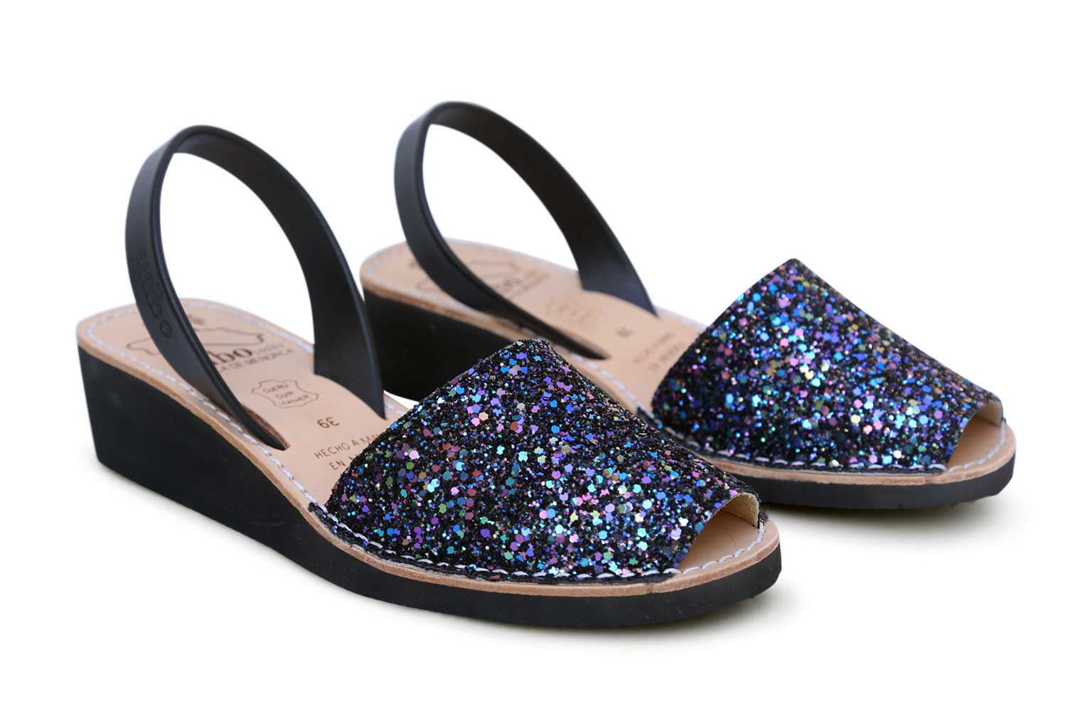 Mibo Avarcas Black Multi Glitter Wedges Menorcan Sandals
