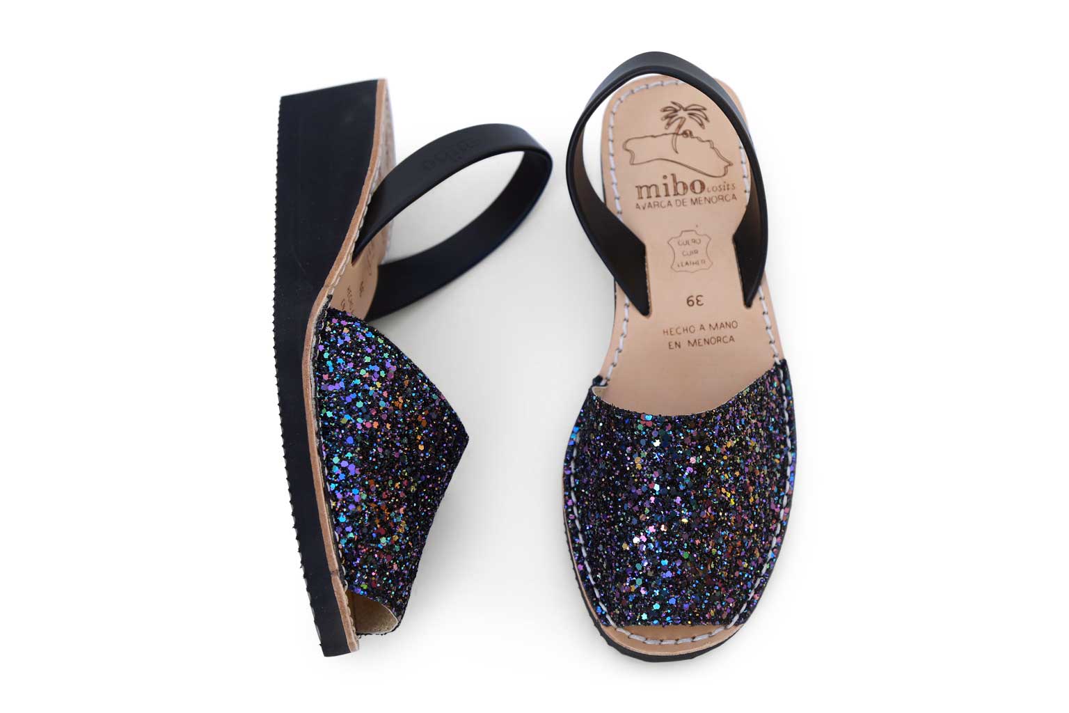 Mibo Avarcas Black Multi Glitter Wedges Menorcan Sandals